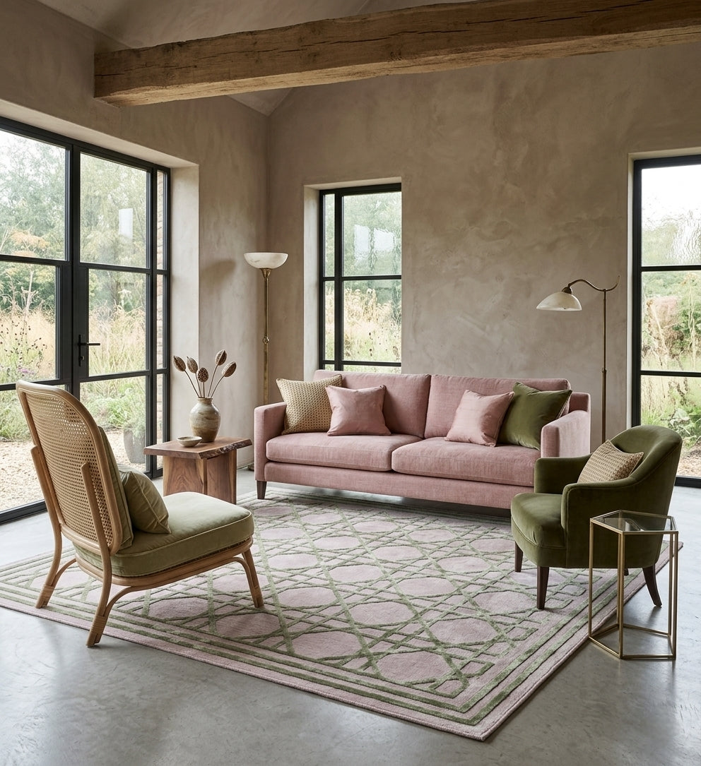Regent Hand-Tufted Wool & Silk Rug - Dusty Rose & Sage Green Cane Lattice