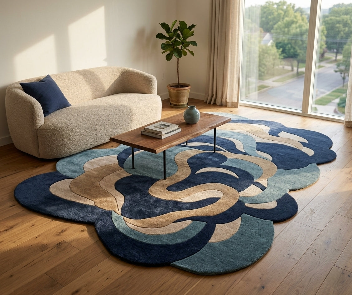 Oceanic Waves Shaped Luxury Rug - Hand-Tufted Wool & Silk Contemporary Carpet