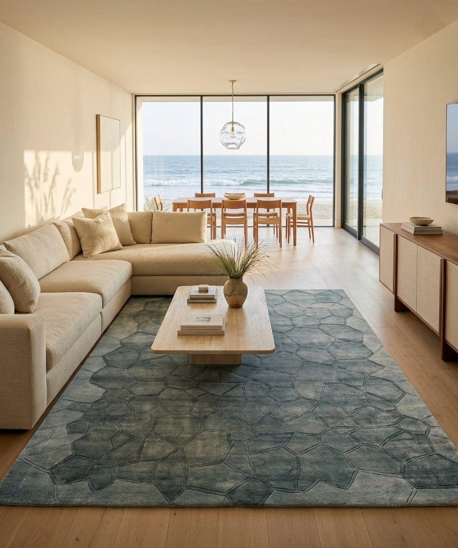 Mosaic Teal Luxury Area Rug - Hand-Tufted Contemporary Wool & Silk Carpet