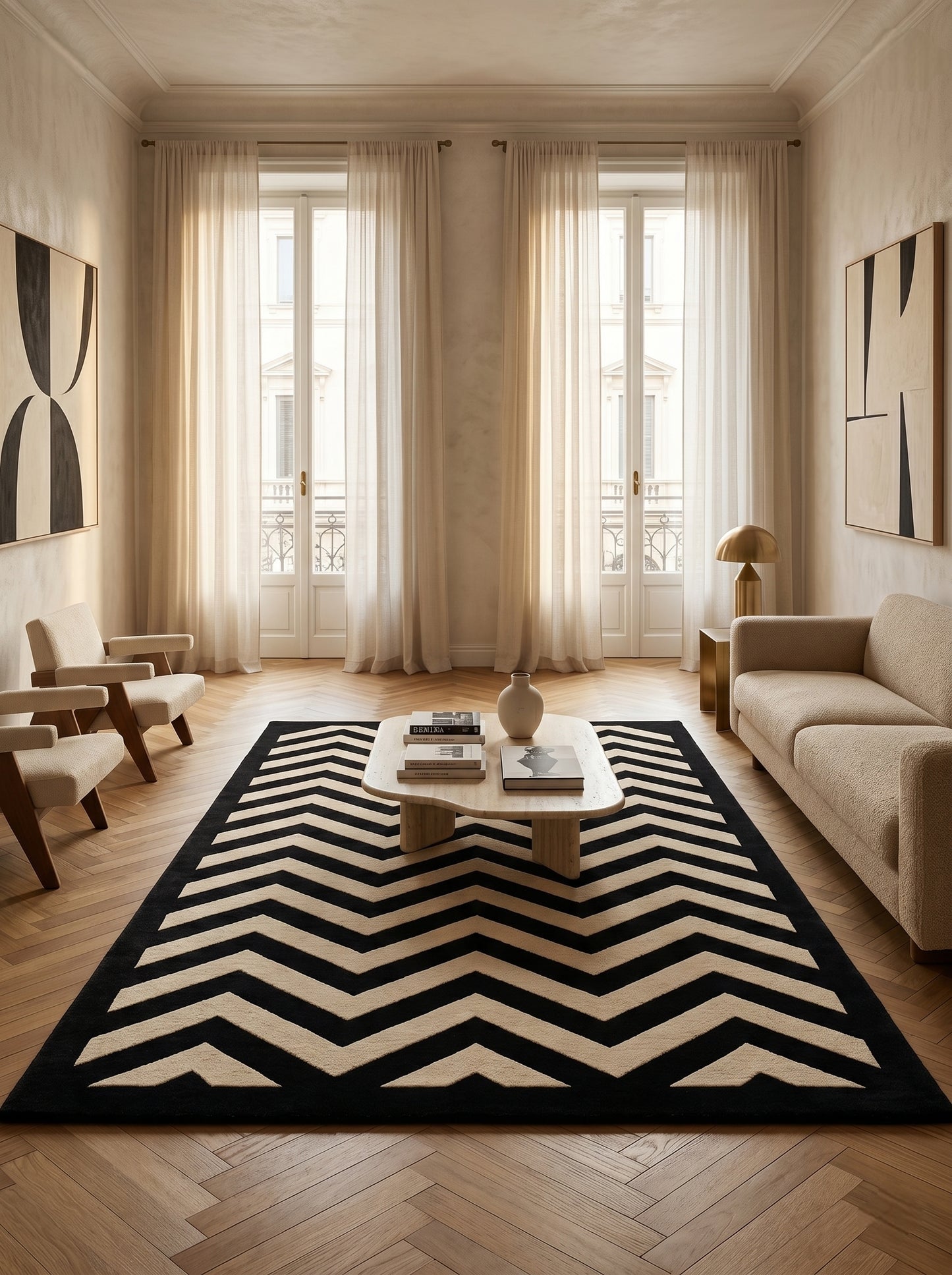Bold Chevron Hand-Tufted Wool Rug | Black & Cream Geometric Area Carpet