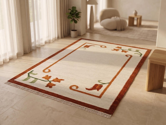 Scrolling Vine Border Flatweave Wool Rug