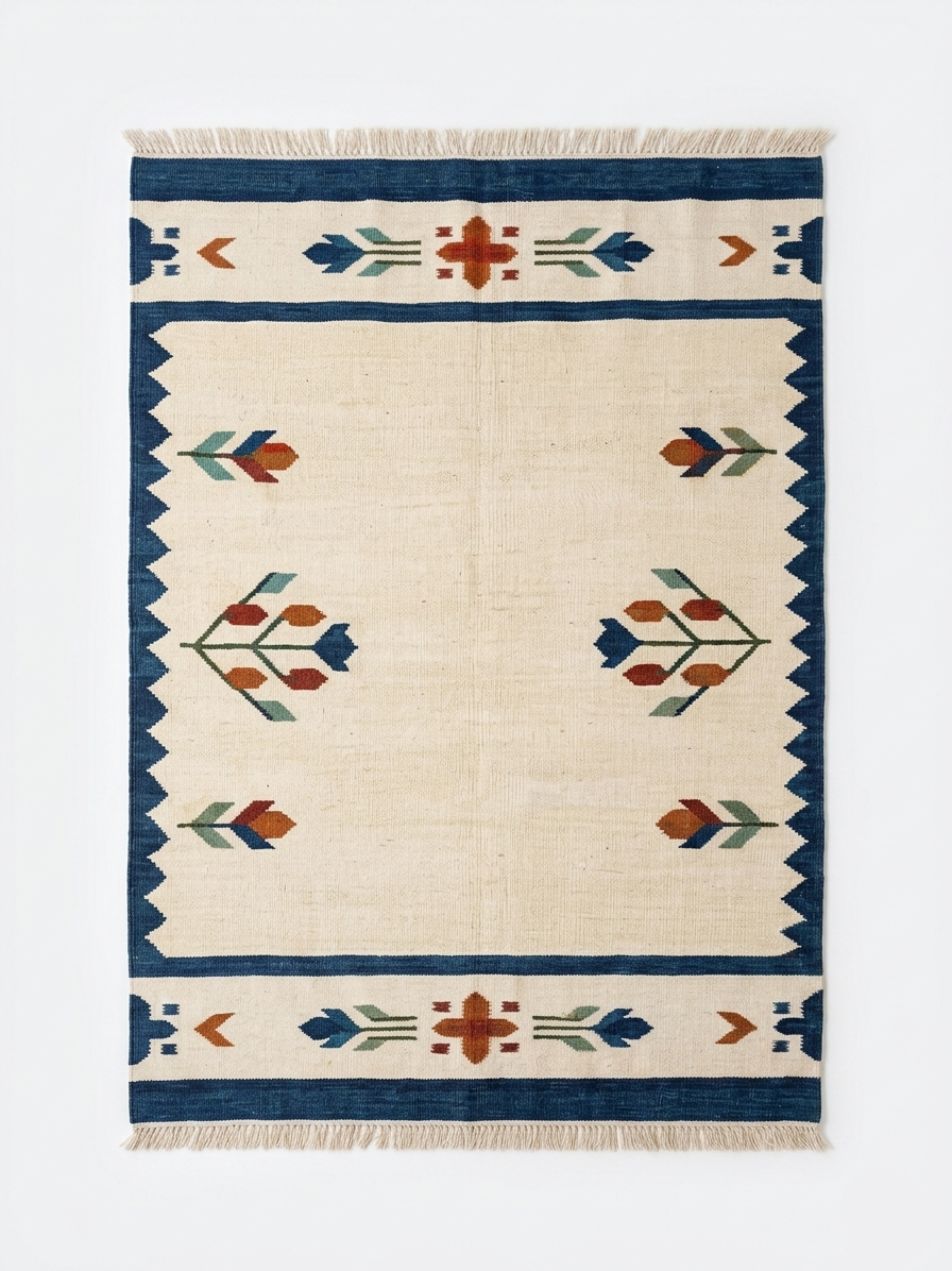 Nomad Handwoven Southwestern Kilim Rug - Cream & Indigo Blue Flatweave