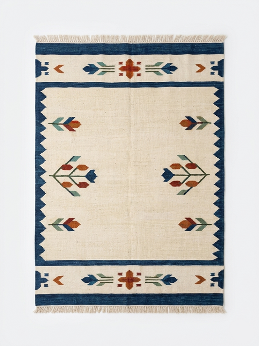 Nomad Handwoven Southwestern Kilim Rug - Cream & Indigo Blue Flatweave