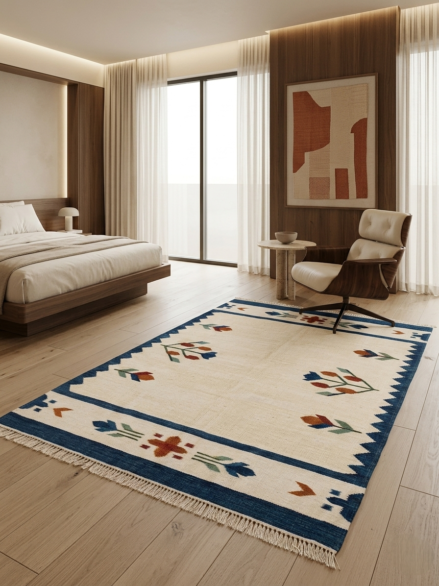 Nomad Handwoven Southwestern Kilim Rug - Cream & Indigo Blue Flatweave