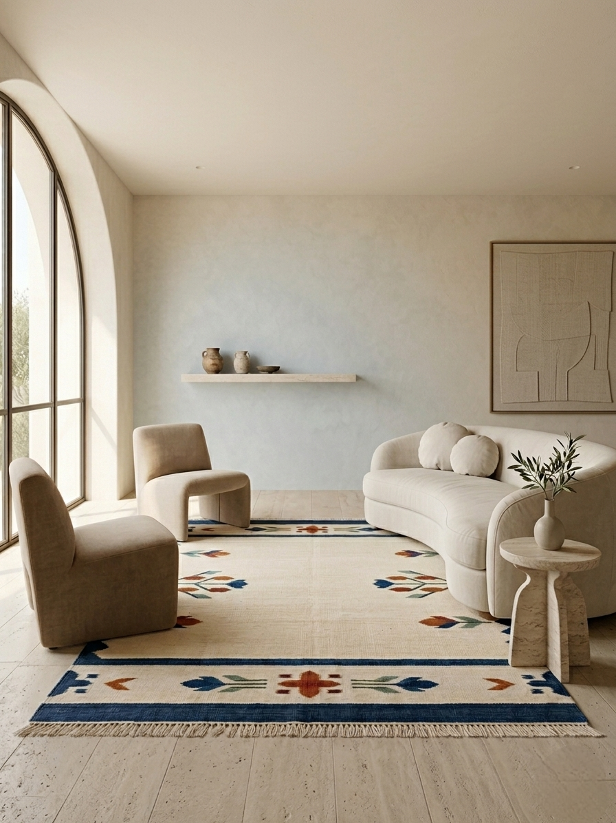 Nomad Handwoven Southwestern Kilim Rug - Cream & Indigo Blue Flatweave