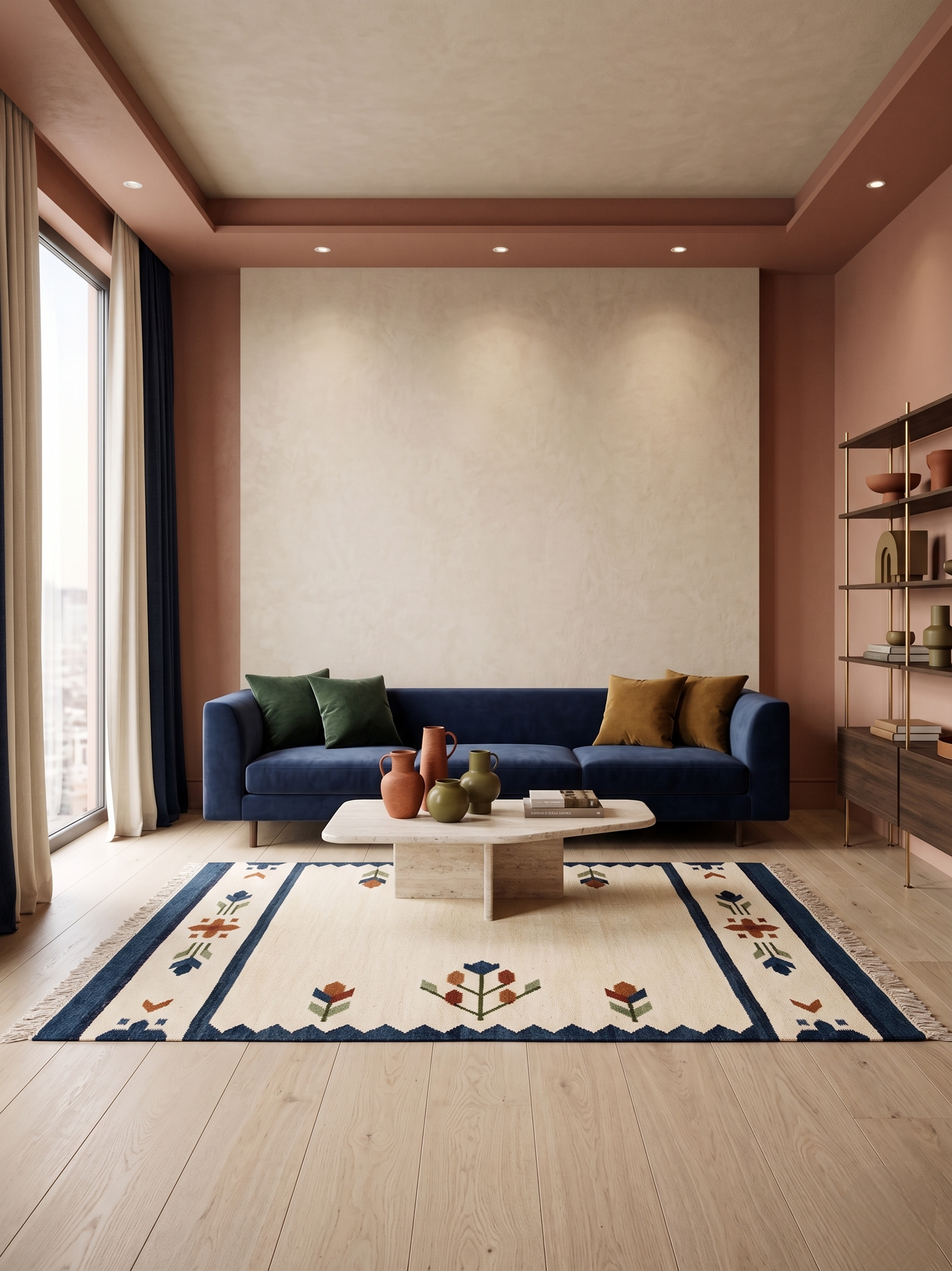 Nomad Handwoven Southwestern Kilim Rug - Cream & Indigo Blue Flatweave