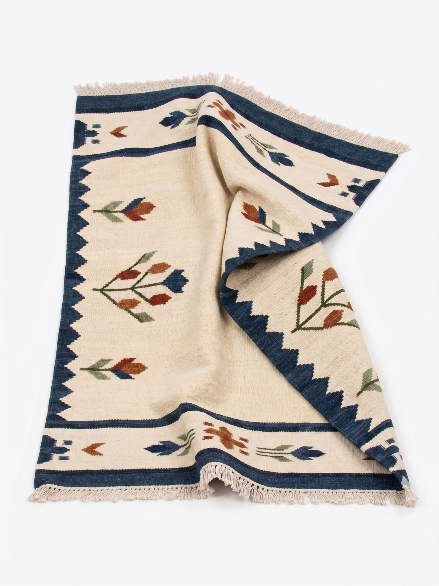 Nomad Handwoven Southwestern Kilim Rug - Cream & Indigo Blue Flatweave