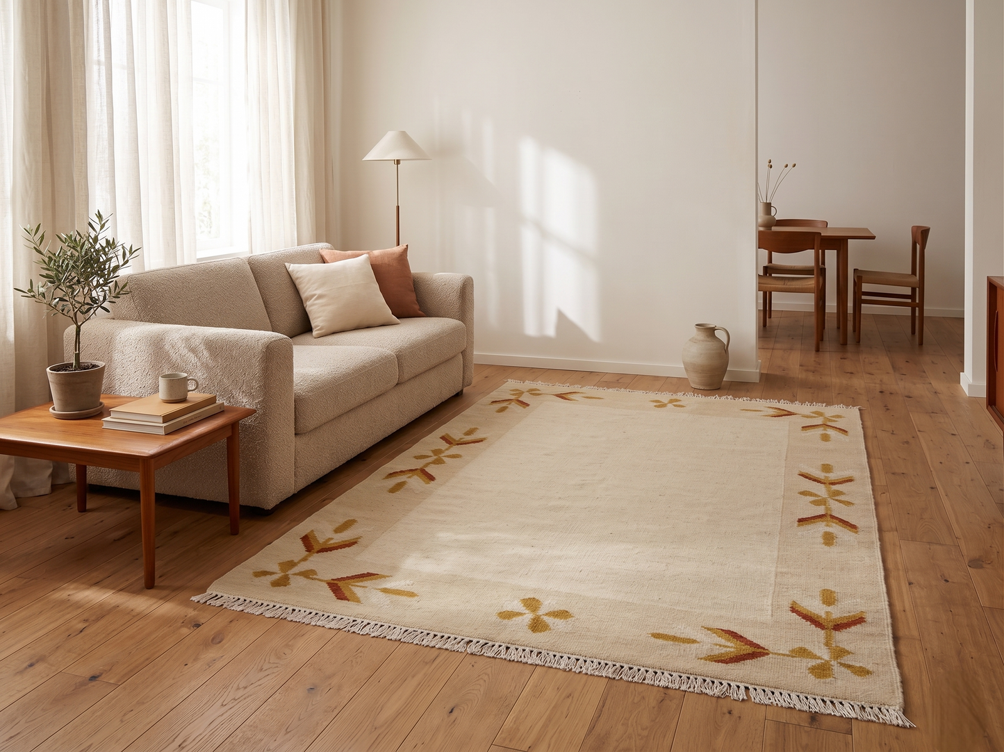 Sahara Handwoven Flatweave Kilim Rug - Warm Beige, Mustard & Rust