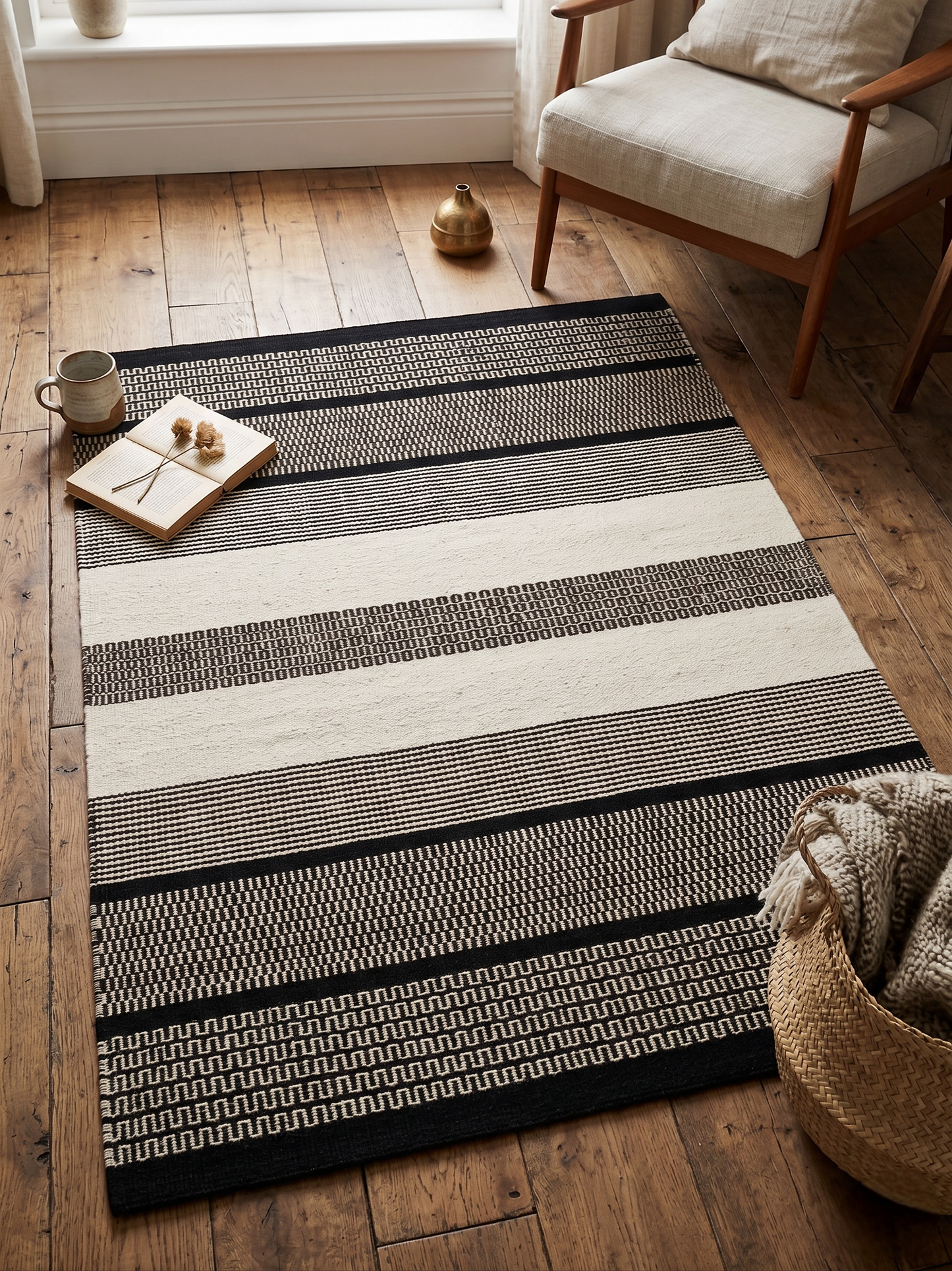Gridlock Flatwoven Rug | Bold Black and Ivory Textured Bands