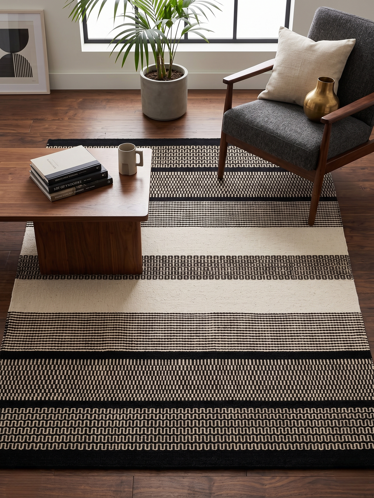Gridlock Flatwoven Rug | Bold Black and Ivory Textured Bands