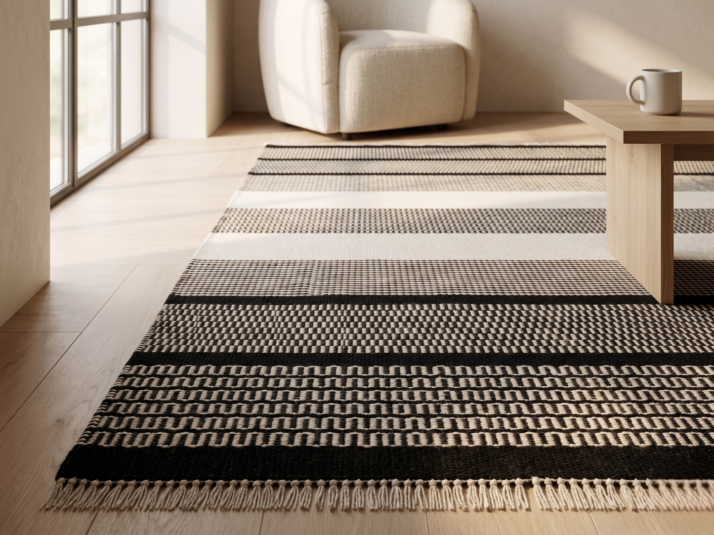 Gridlock Flatwoven Rug | Bold Black and Ivory Textured Bands