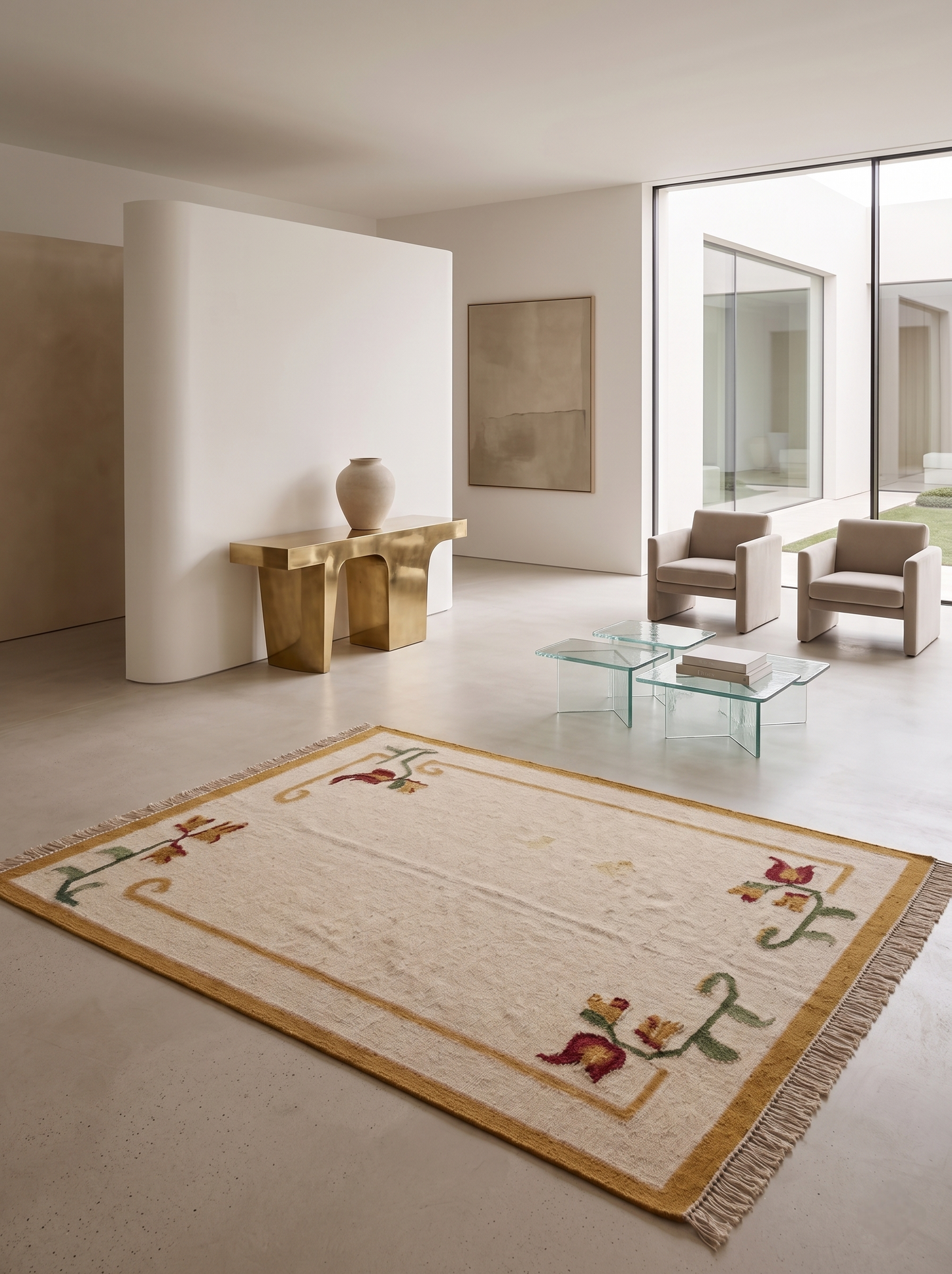 Handwoven Mustard Yellow & Cream Floral Accent Rug with Fringe