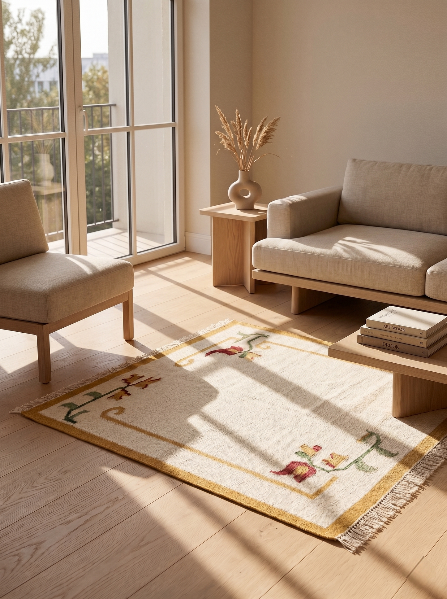 Handwoven Mustard Yellow & Cream Floral Accent Rug with Fringe
