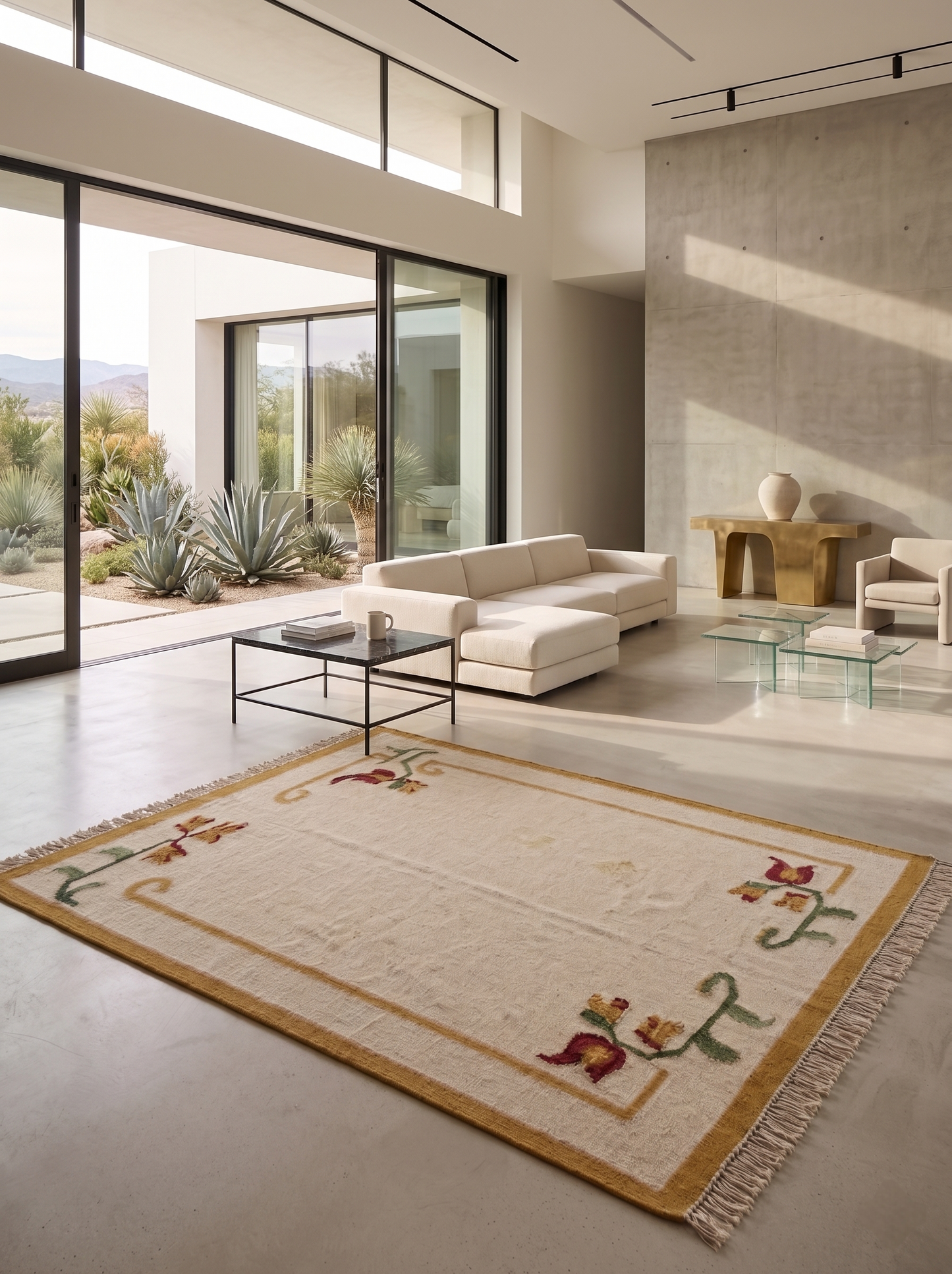 Handwoven Mustard Yellow & Cream Floral Accent Rug with Fringe