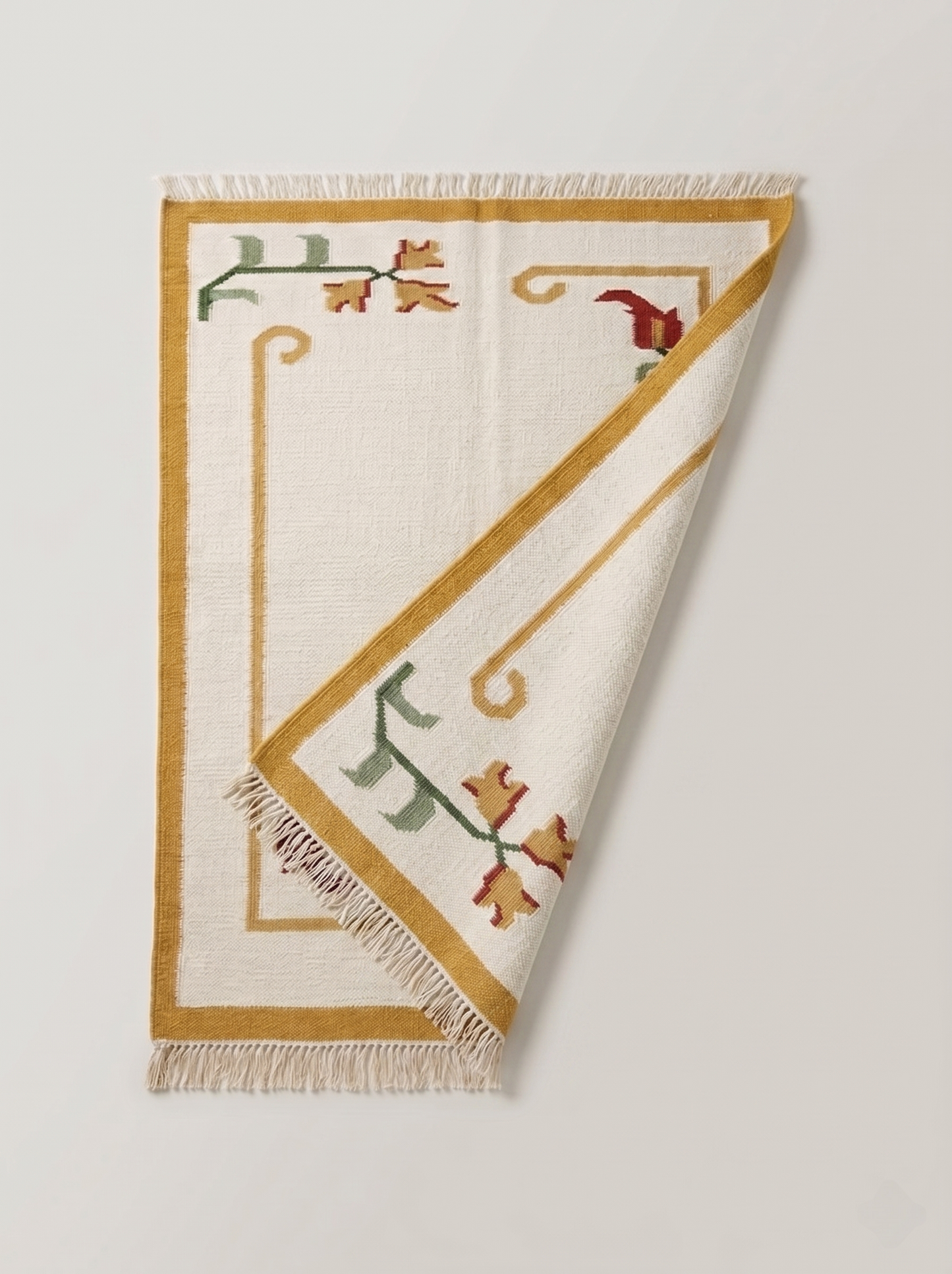 Handwoven Mustard Yellow & Cream Floral Accent Rug with Fringe