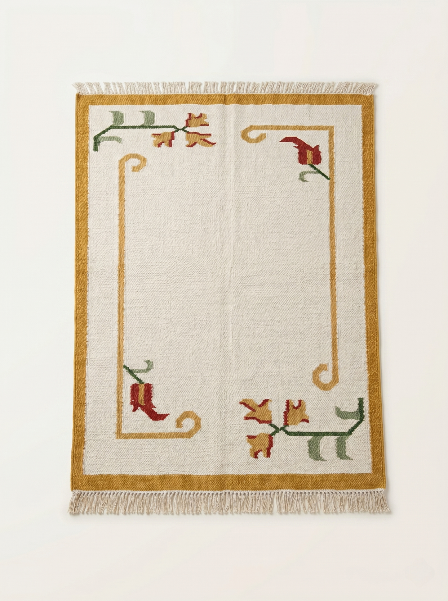 Handwoven Mustard Yellow & Cream Floral Accent Rug with Fringe