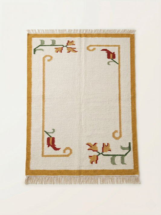 Handwoven Mustard Yellow & Cream Floral Accent Rug with Fringe