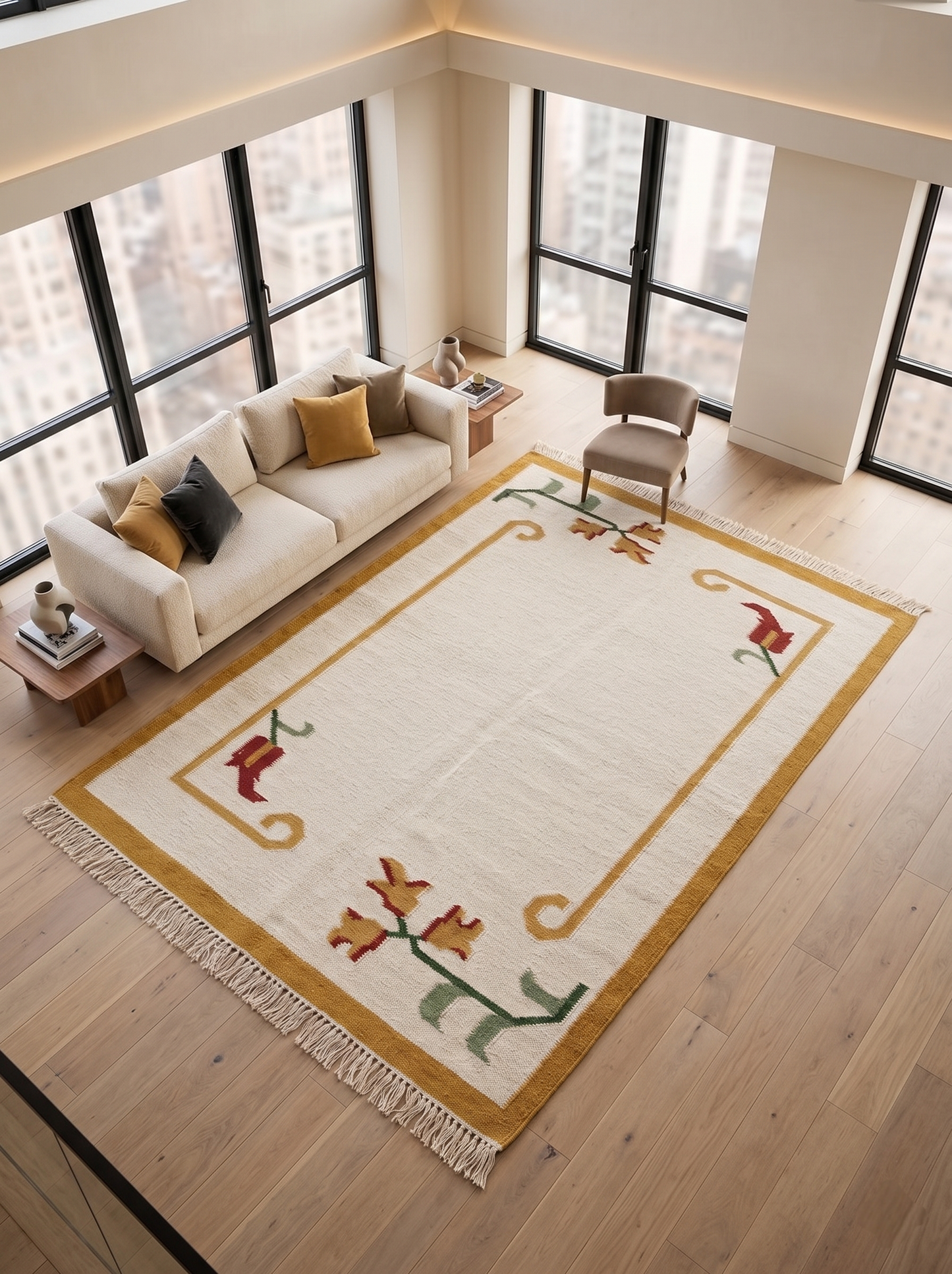 Handwoven Mustard Yellow & Cream Floral Accent Rug with Fringe