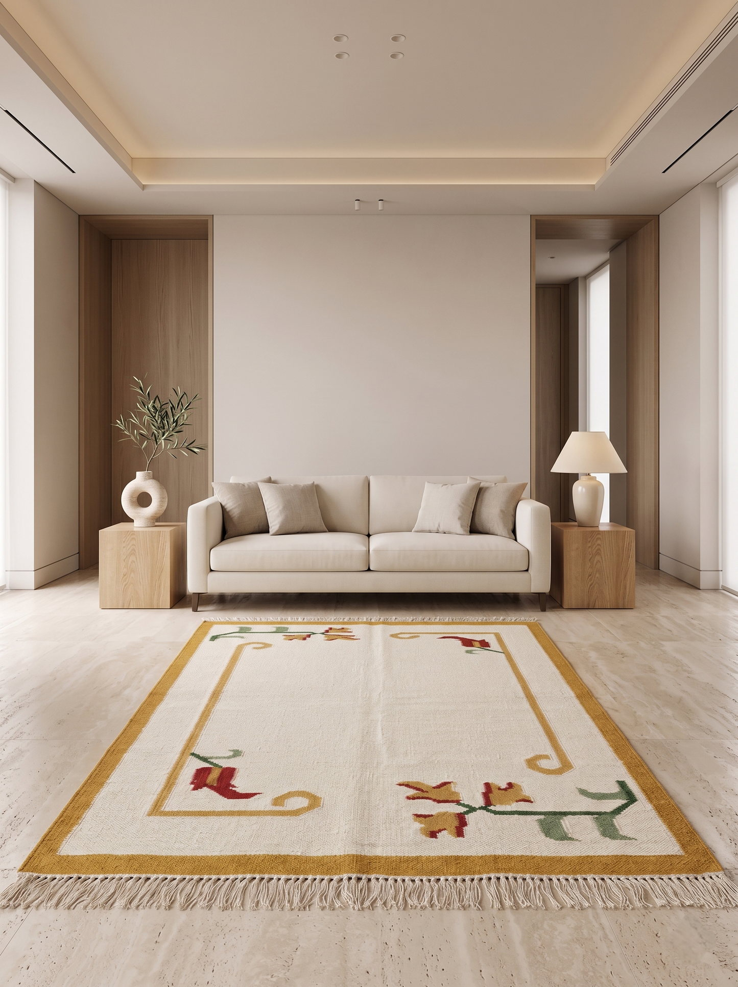 Handwoven Mustard Yellow & Cream Floral Accent Rug with Fringe