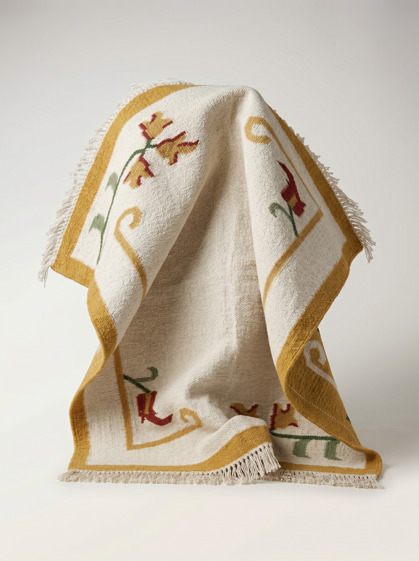Handwoven Mustard Yellow & Cream Floral Accent Rug with Fringe
