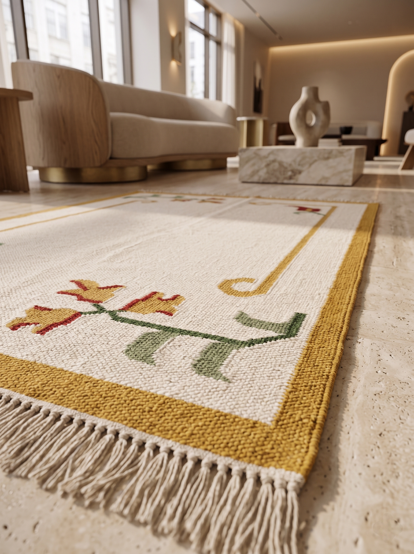 Handwoven Mustard Yellow & Cream Floral Accent Rug with Fringe