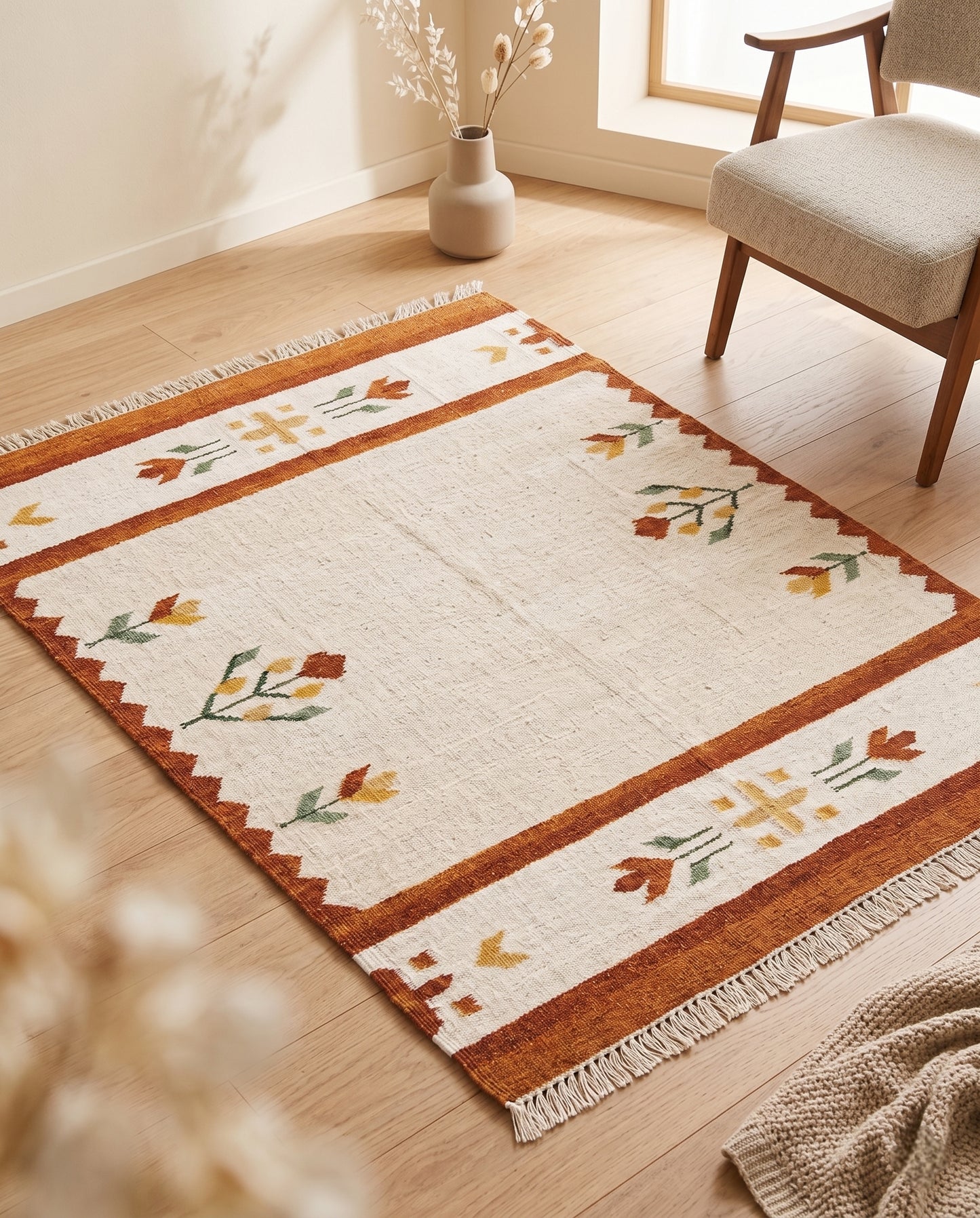 Handwoven Terracotta & Cream Southwestern Flatweave Durrie Rug