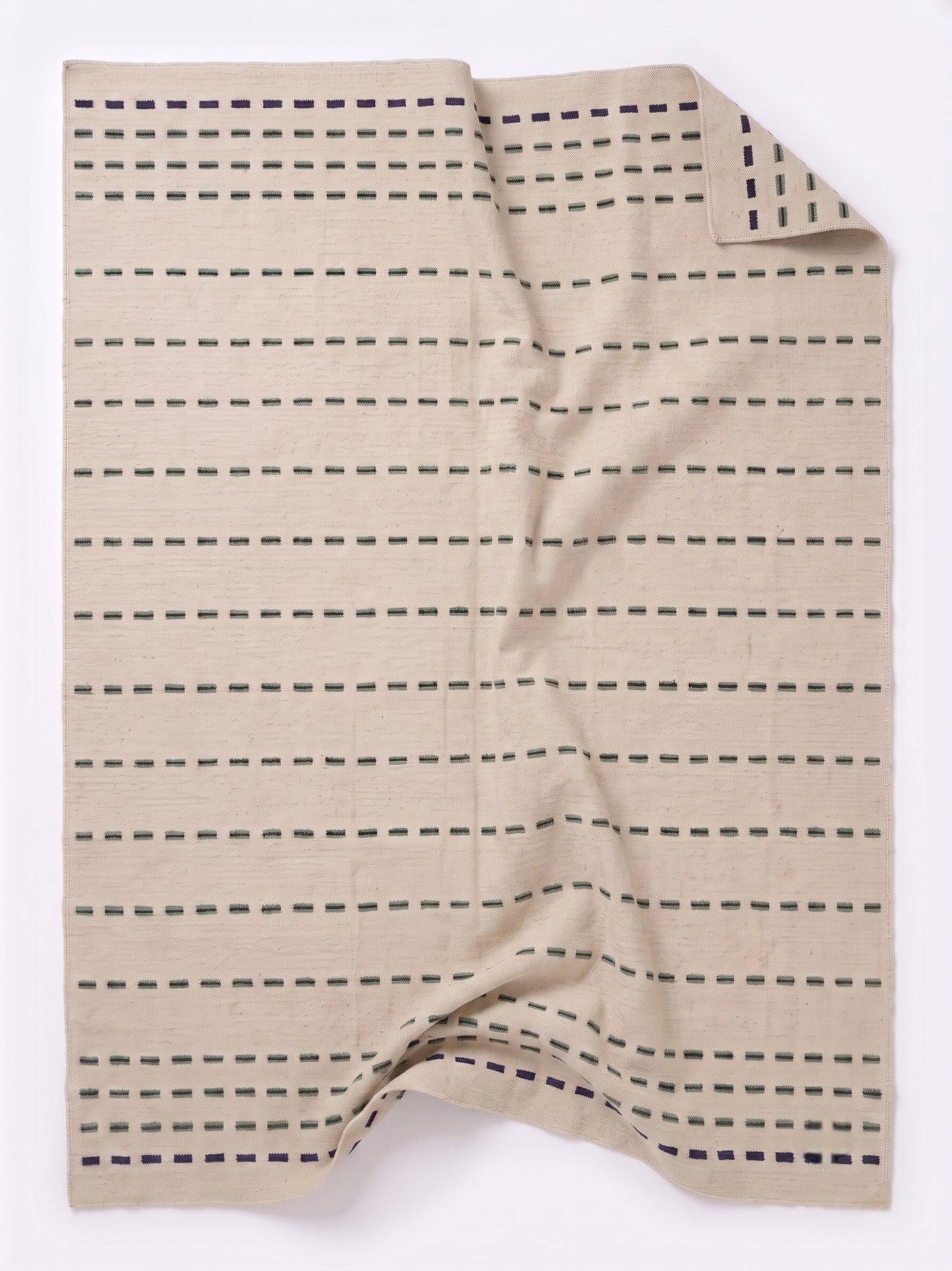 Nordic Handwoven Flatweave Rug - Oatmeal Cream with Green & Navy Dashed Stripes