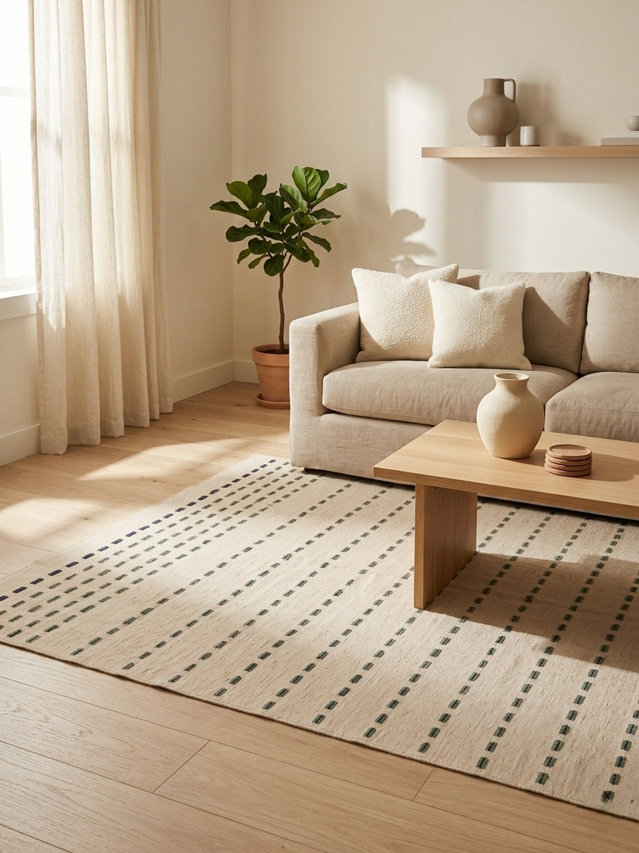 Nordic Handwoven Flatweave Rug - Oatmeal Cream with Green & Navy Dashed Stripes