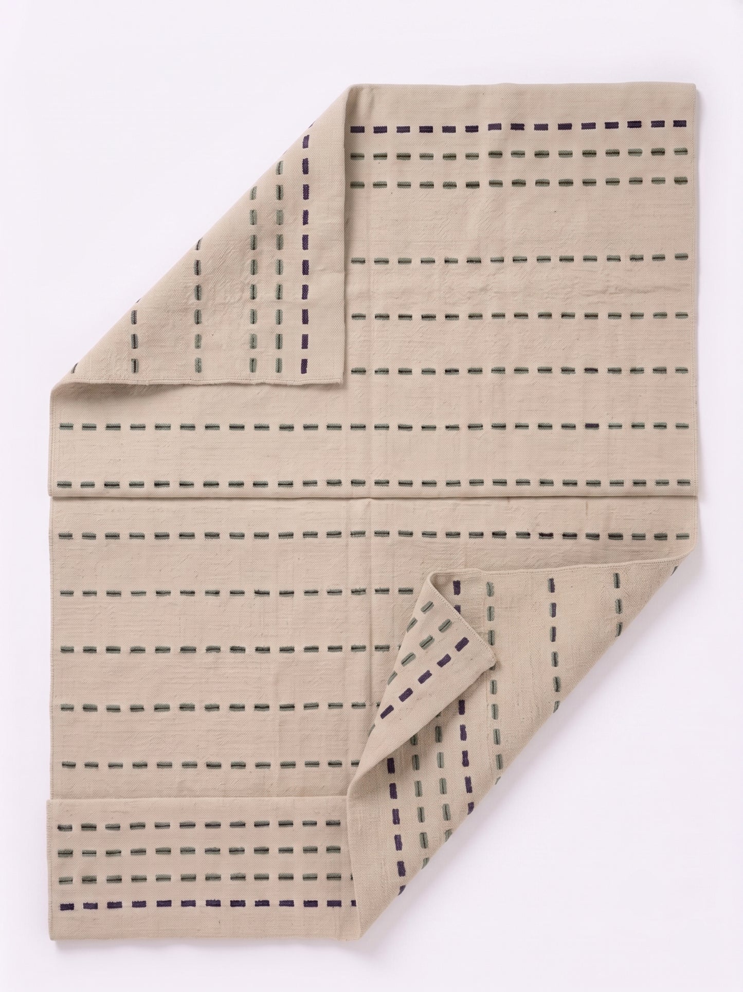 Nordic Handwoven Flatweave Rug - Oatmeal Cream with Green & Navy Dashed Stripes