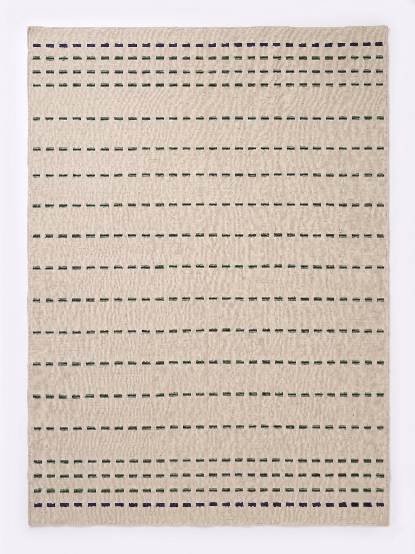 Nordic Handwoven Flatweave Rug - Oatmeal Cream with Green & Navy Dashed Stripes