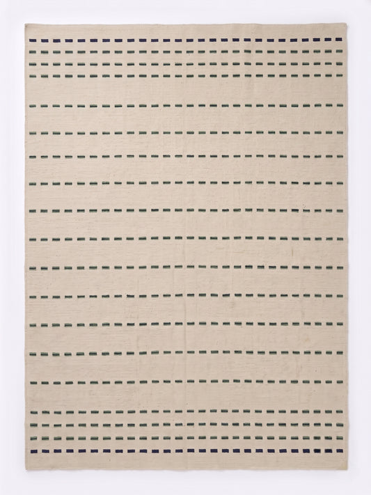 Nordic Handwoven Flatweave Rug - Oatmeal Cream with Green & Navy Dashed Stripes