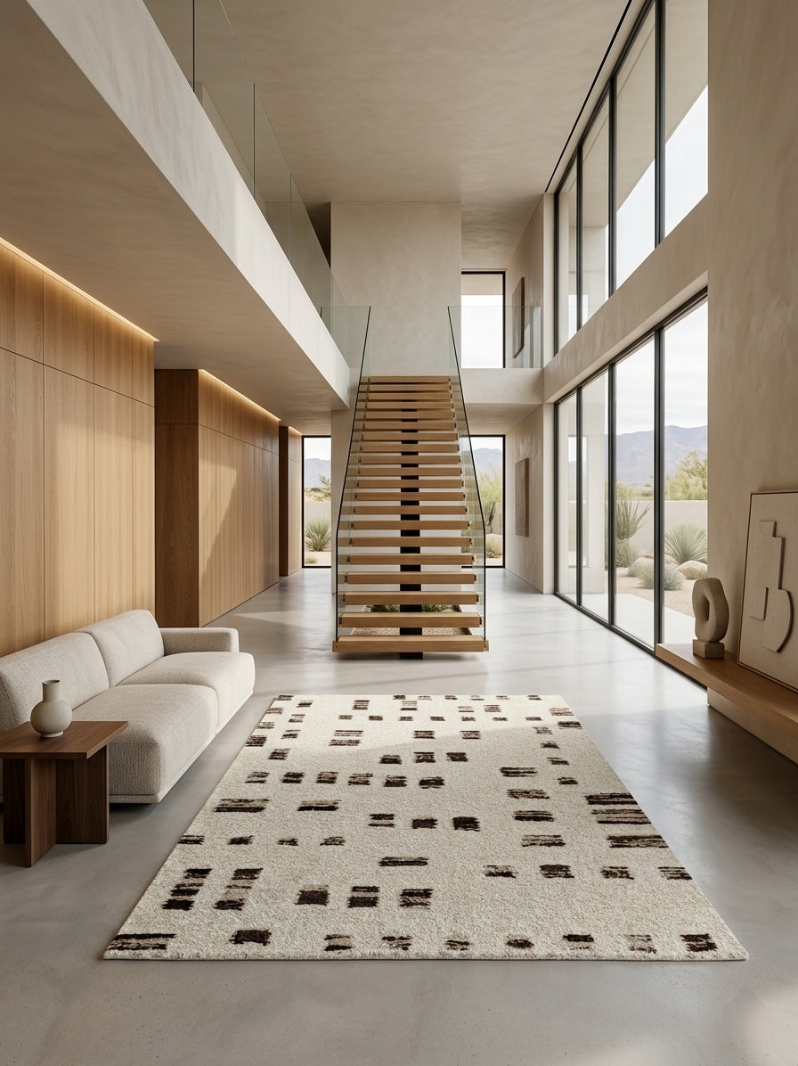 Artisan Hand-Knotted New Zealand Wool Rug - Contemporary Abstract Motif Cream & Charcoal Area Rug