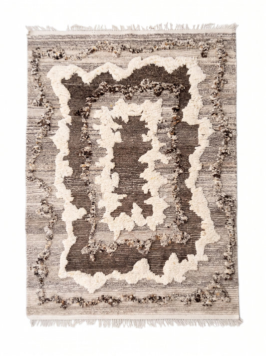 Concentric Shag Border Hand-Knotted Rug - Premium Charcoal & Cream Textured Wool Rug