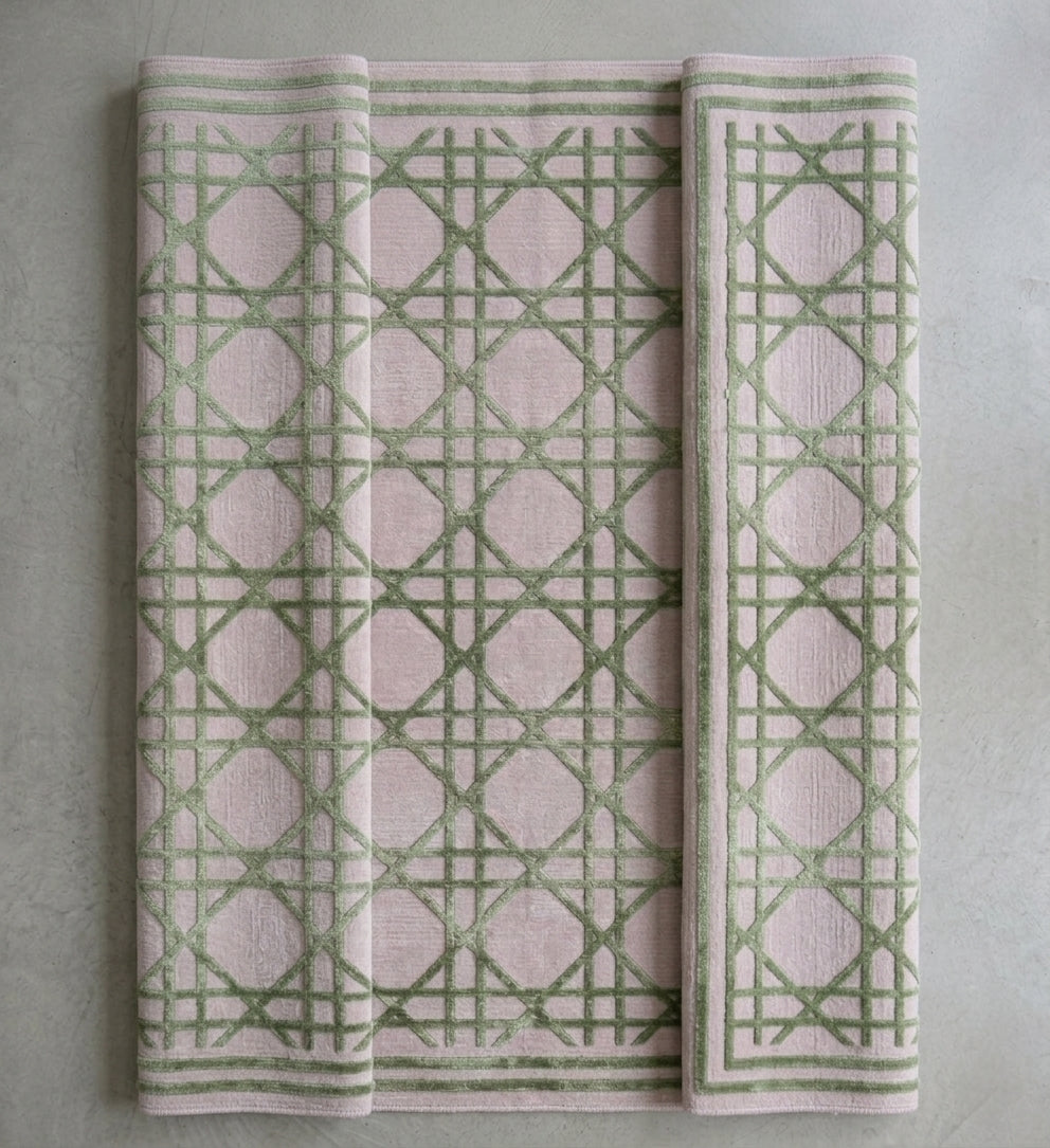 Regent Hand-Tufted Wool & Silk Rug - Dusty Rose & Sage Green Cane Lattice