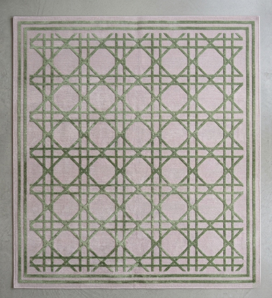 Regent Hand-Tufted Wool & Silk Rug - Dusty Rose & Sage Green Cane Lattice