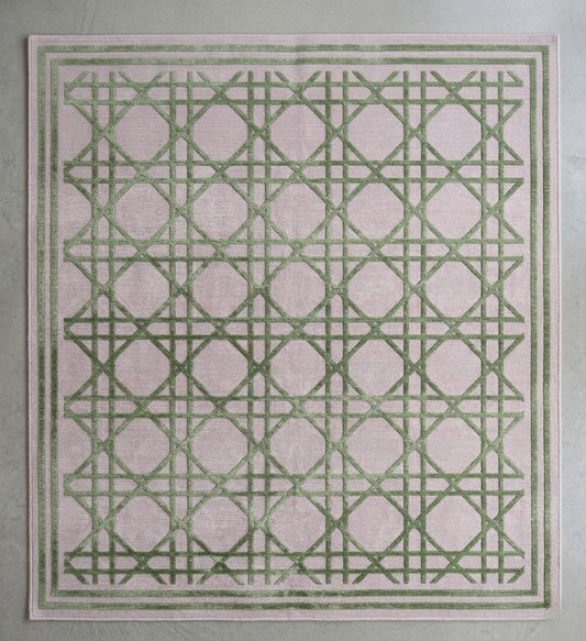 Regent Hand-Tufted Wool & Silk Rug - Dusty Rose & Sage Green Cane Lattice