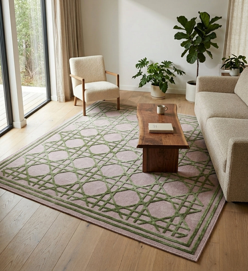 Regent Hand-Tufted Wool & Silk Rug - Dusty Rose & Sage Green Cane Lattice