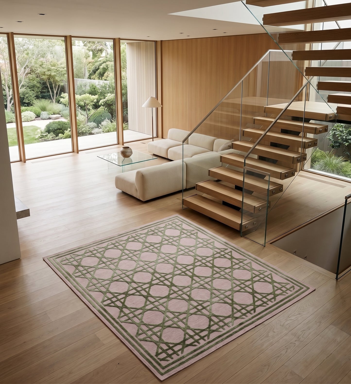 Regent Hand-Tufted Wool & Silk Rug - Dusty Rose & Sage Green Cane Lattice
