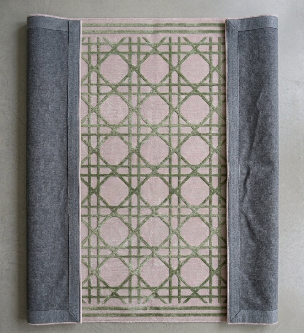 Regent Hand-Tufted Wool & Silk Rug - Dusty Rose & Sage Green Cane Lattice