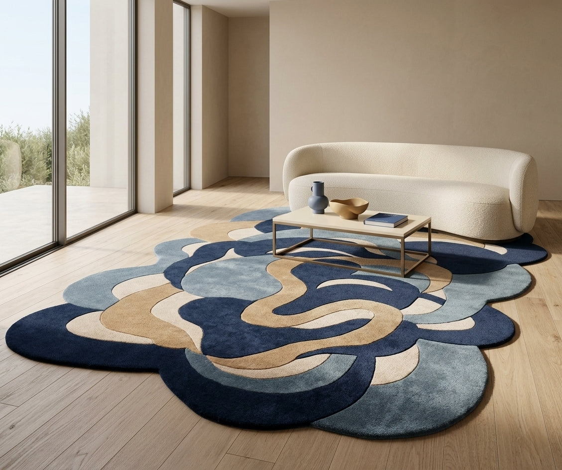 Oceanic Waves Shaped Luxury Rug - Hand-Tufted Wool & Silk Contemporary Carpet