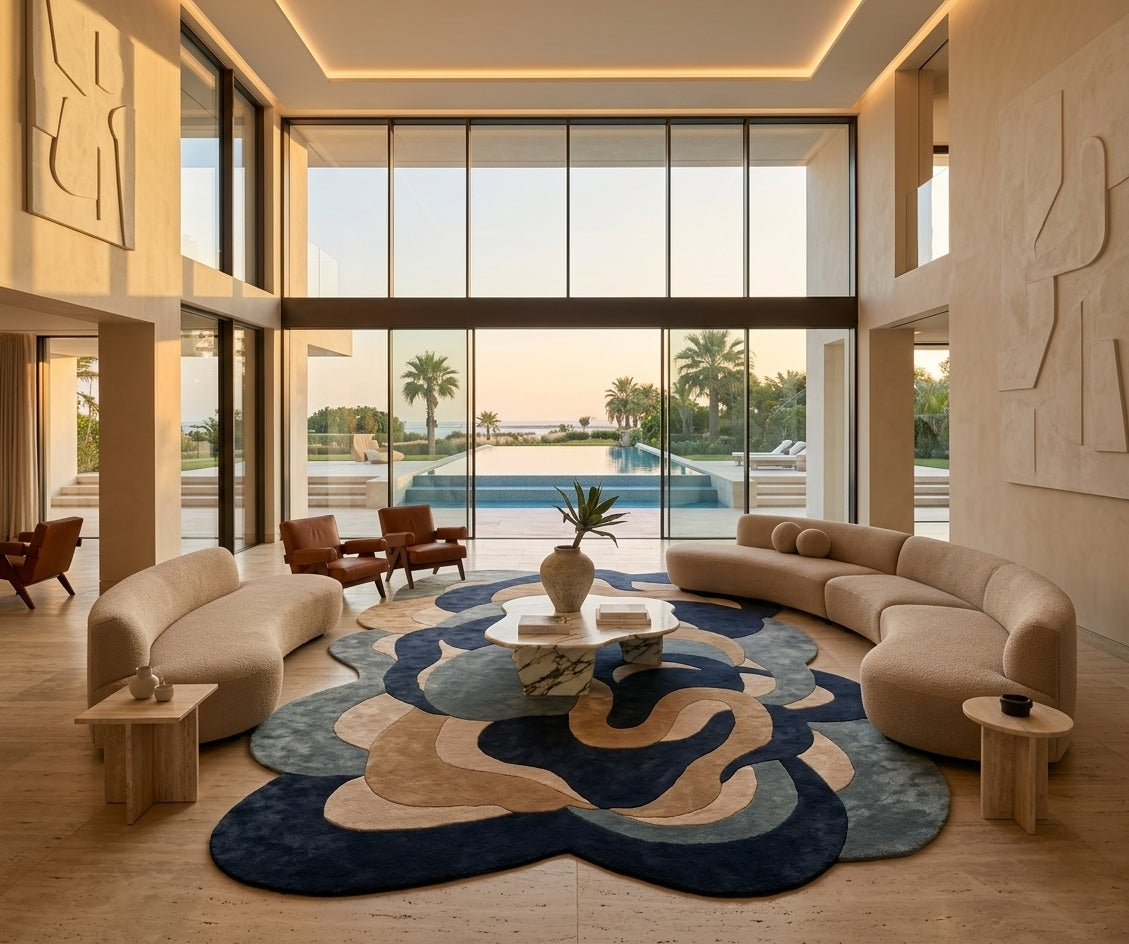 Oceanic Waves Shaped Luxury Rug - Hand-Tufted Wool & Silk Contemporary Carpet