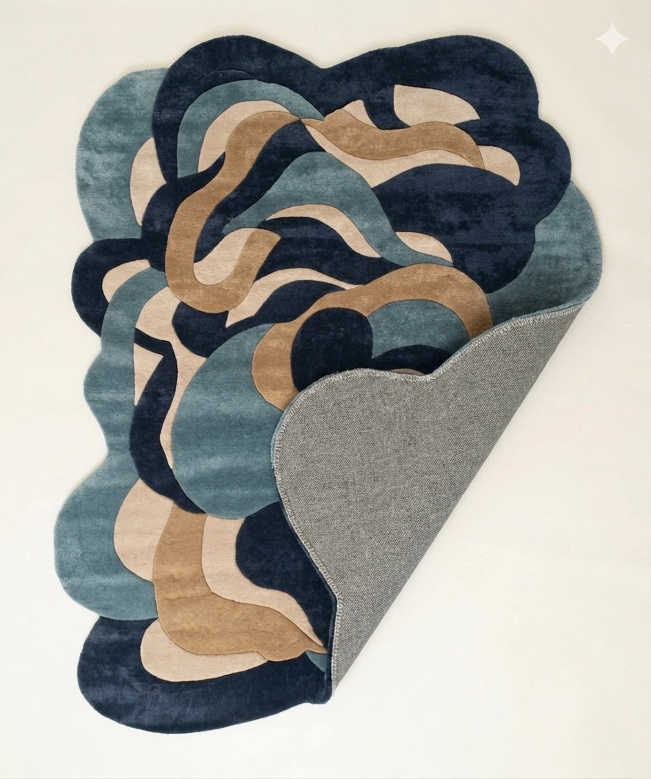 Oceanic Waves Shaped Luxury Rug - Hand-Tufted Wool & Silk Contemporary Carpet