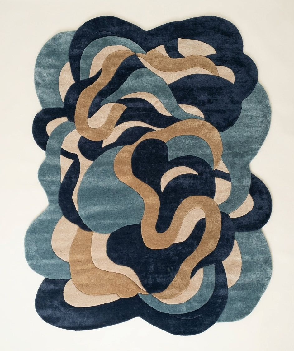 Oceanic Waves Shaped Luxury Rug - Hand-Tufted Wool & Silk Contemporary Carpet