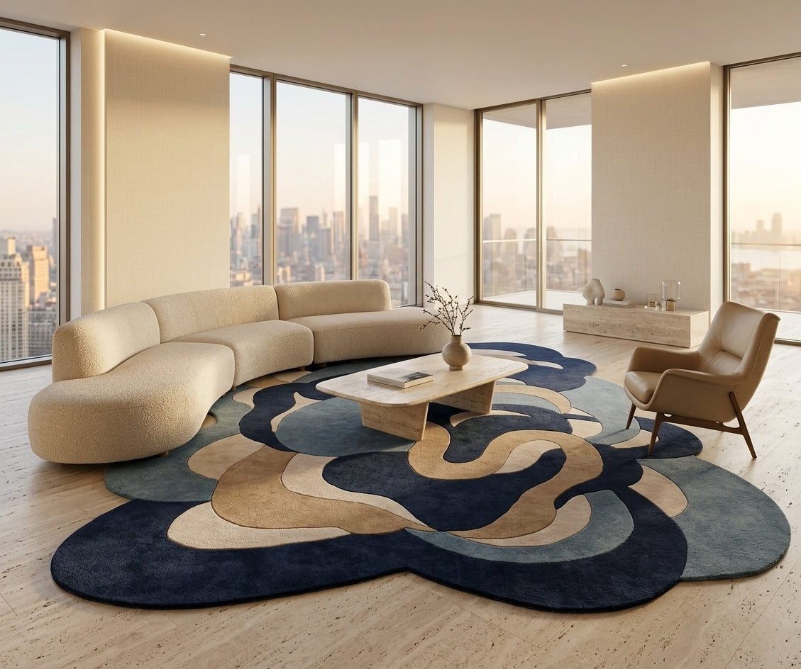 Oceanic Waves Shaped Luxury Rug - Hand-Tufted Wool & Silk Contemporary Carpet