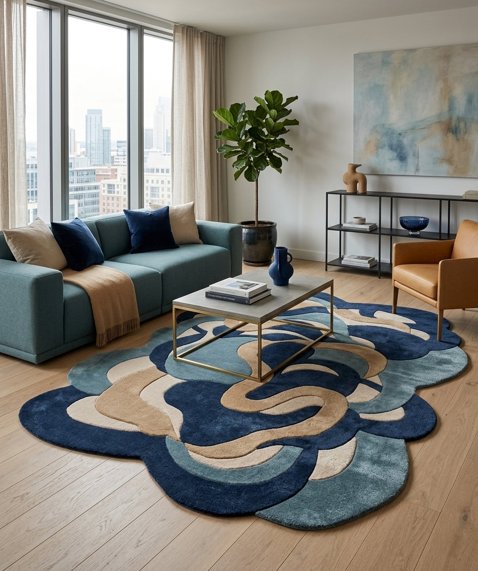 Oceanic Waves Shaped Luxury Rug - Hand-Tufted Wool & Silk Contemporary Carpet