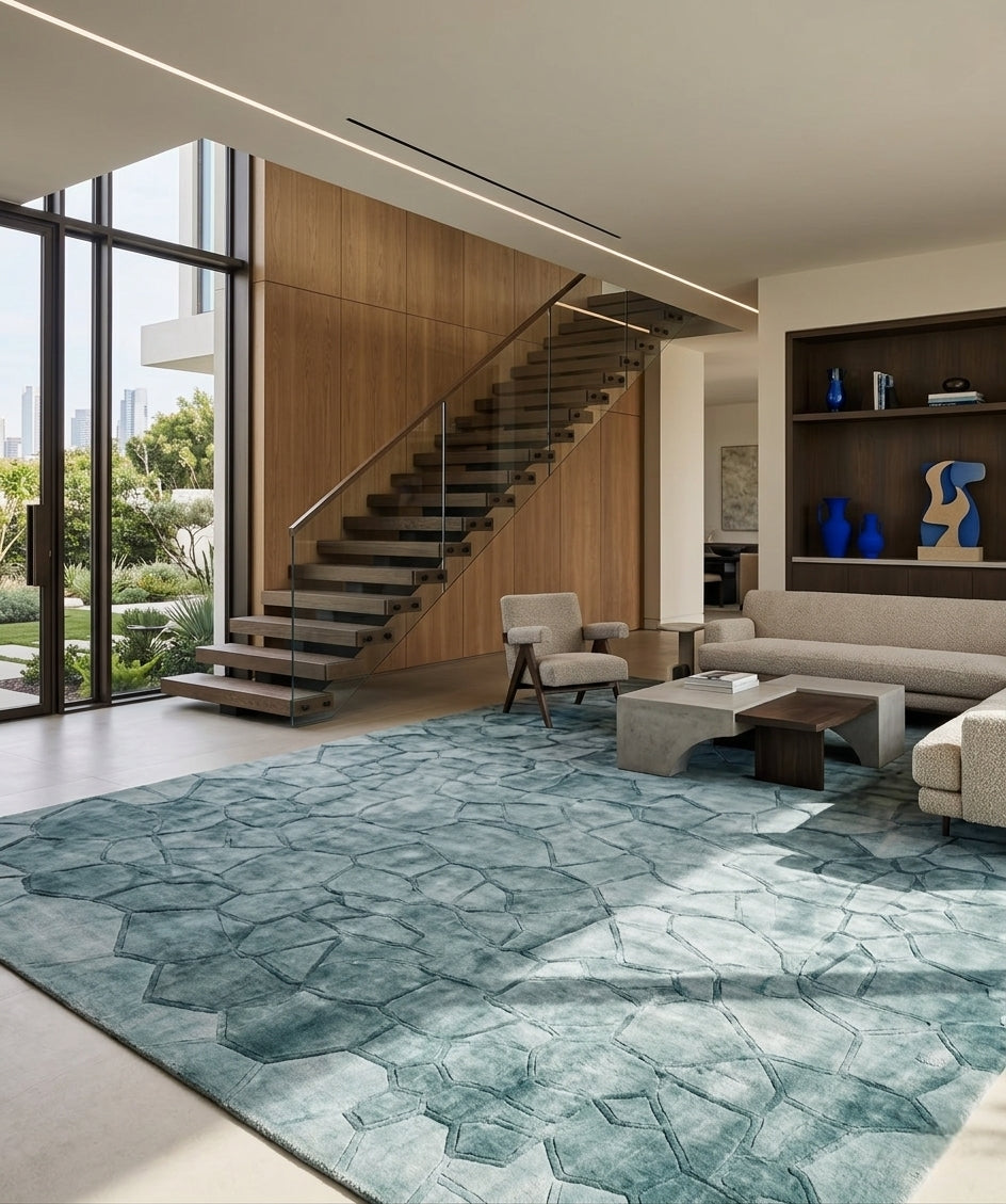 Mosaic Teal Luxury Area Rug - Hand-Tufted Contemporary Wool & Silk Carpet