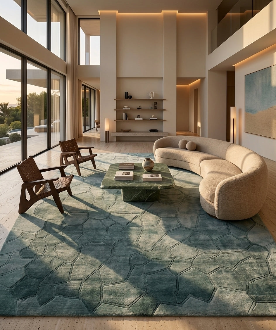 Mosaic Teal Luxury Area Rug - Hand-Tufted Contemporary Wool & Silk Carpet