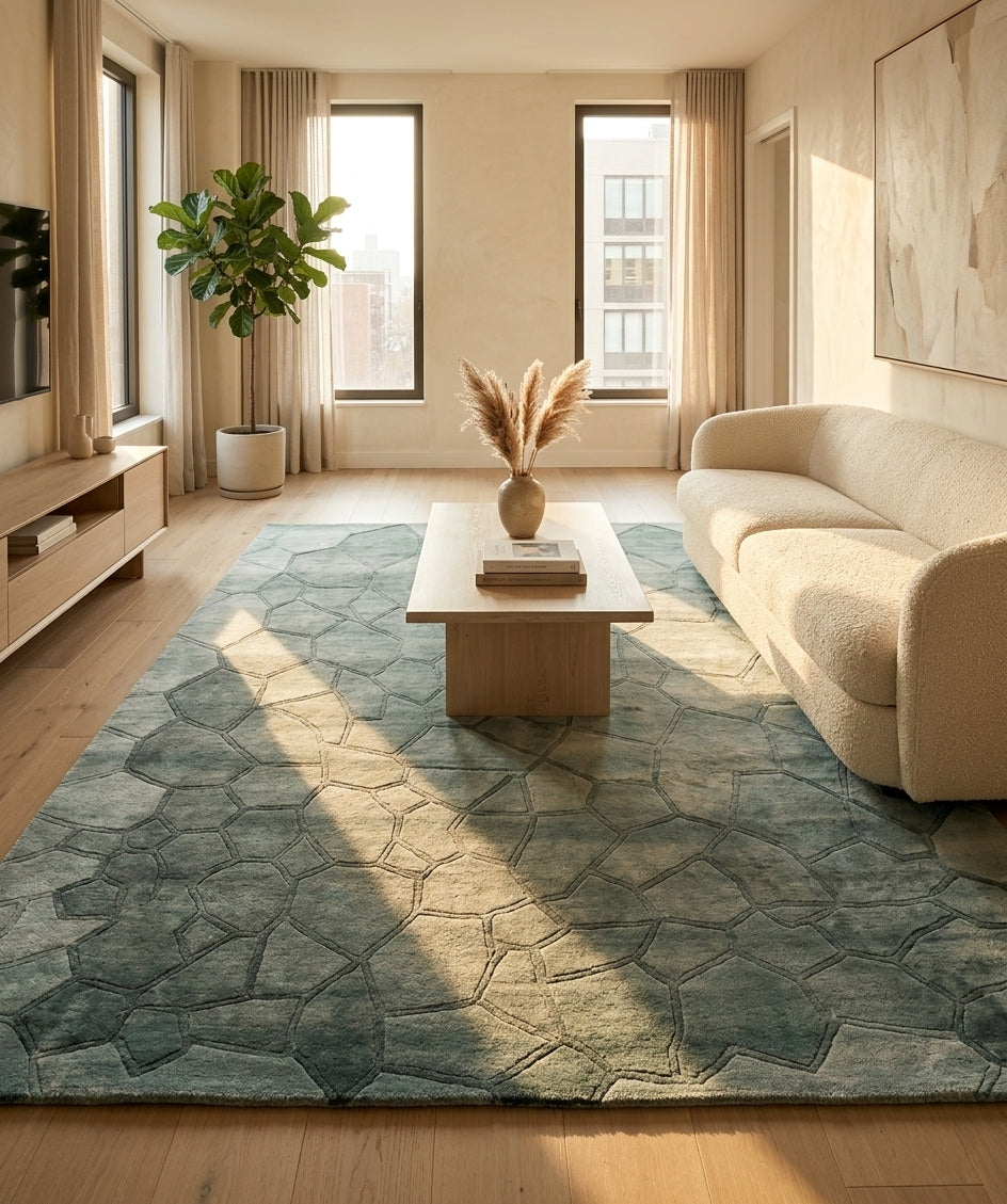 Mosaic Teal Luxury Area Rug - Hand-Tufted Contemporary Wool & Silk Carpet