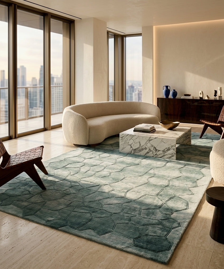 Mosaic Teal Luxury Area Rug - Hand-Tufted Contemporary Wool & Silk Carpet