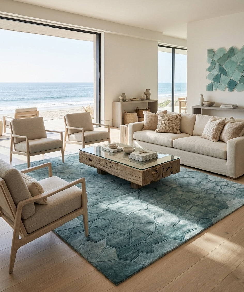Mosaic Teal Luxury Area Rug - Hand-Tufted Contemporary Wool & Silk Carpet